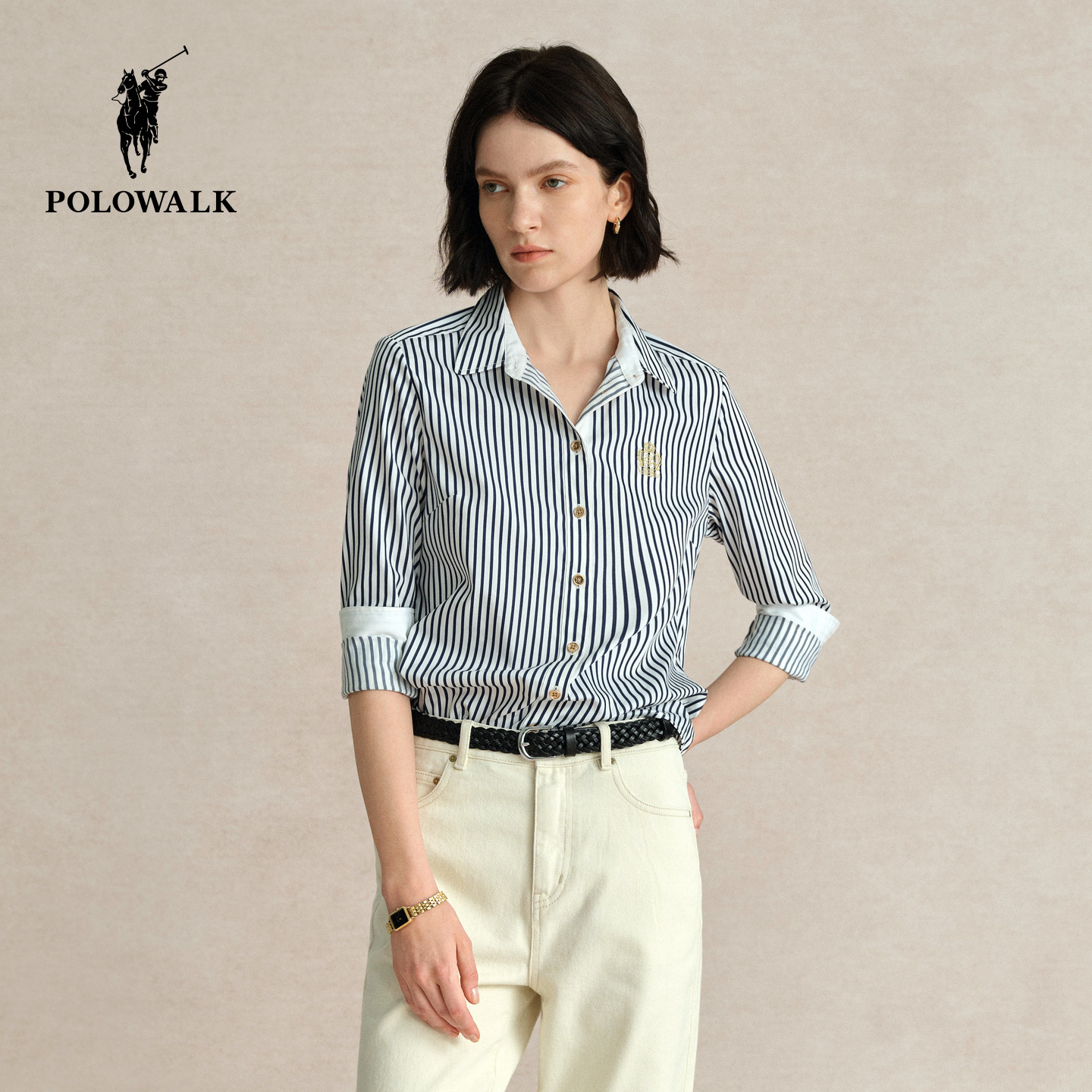 POLOWALK女士条纹衬衫春季新款翻领上衣开衫简约长袖衬衣外套