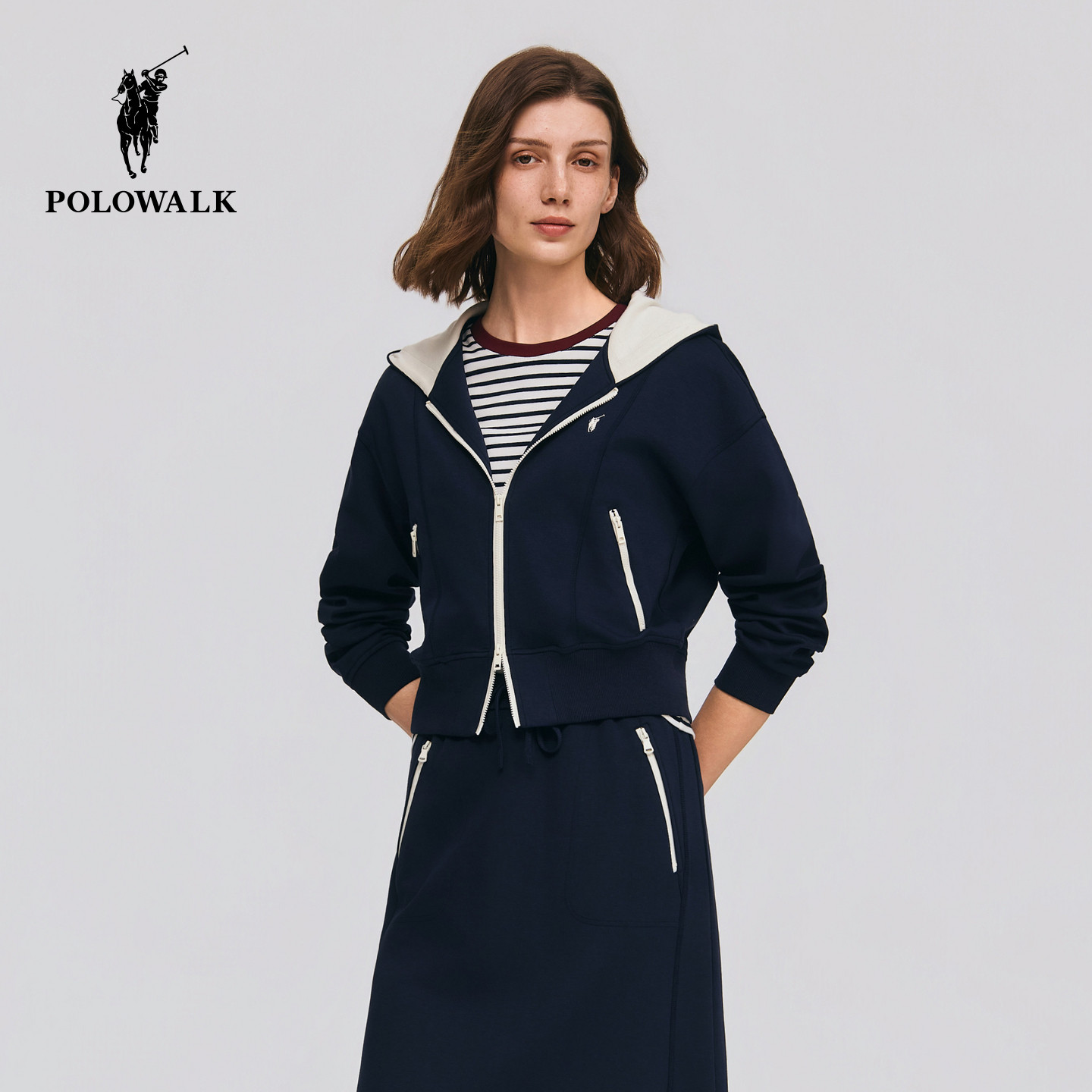 POLOWALK女装2026春季新款女士连帽卫衣简系撞色休闲外套百搭上衣