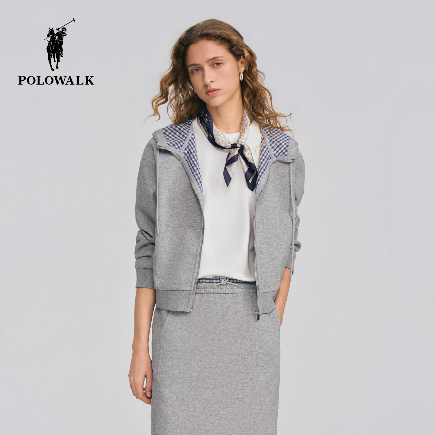 【套装】POLOWALK女士卫衣2026春季新款简约连帽开衫外套直筒半裙