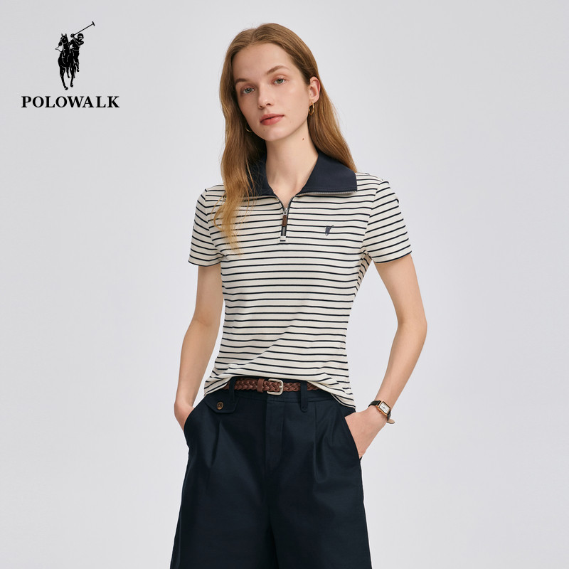 POLOWALK女士短袖2026夏季新款半拉链条纹显瘦休闲百搭T恤POLO衫