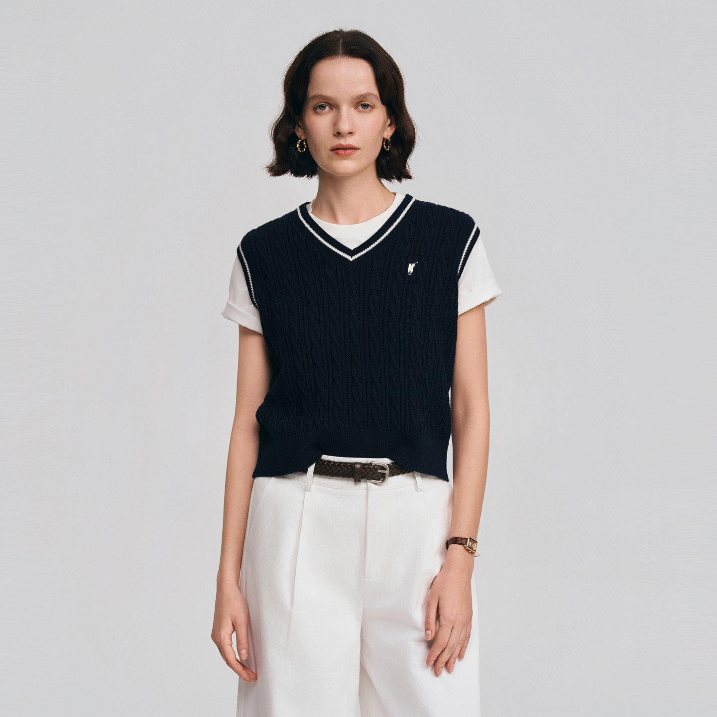 POLOWALK女士针织背心2026春夏新款学院风V领撞色针织坎肩马甲