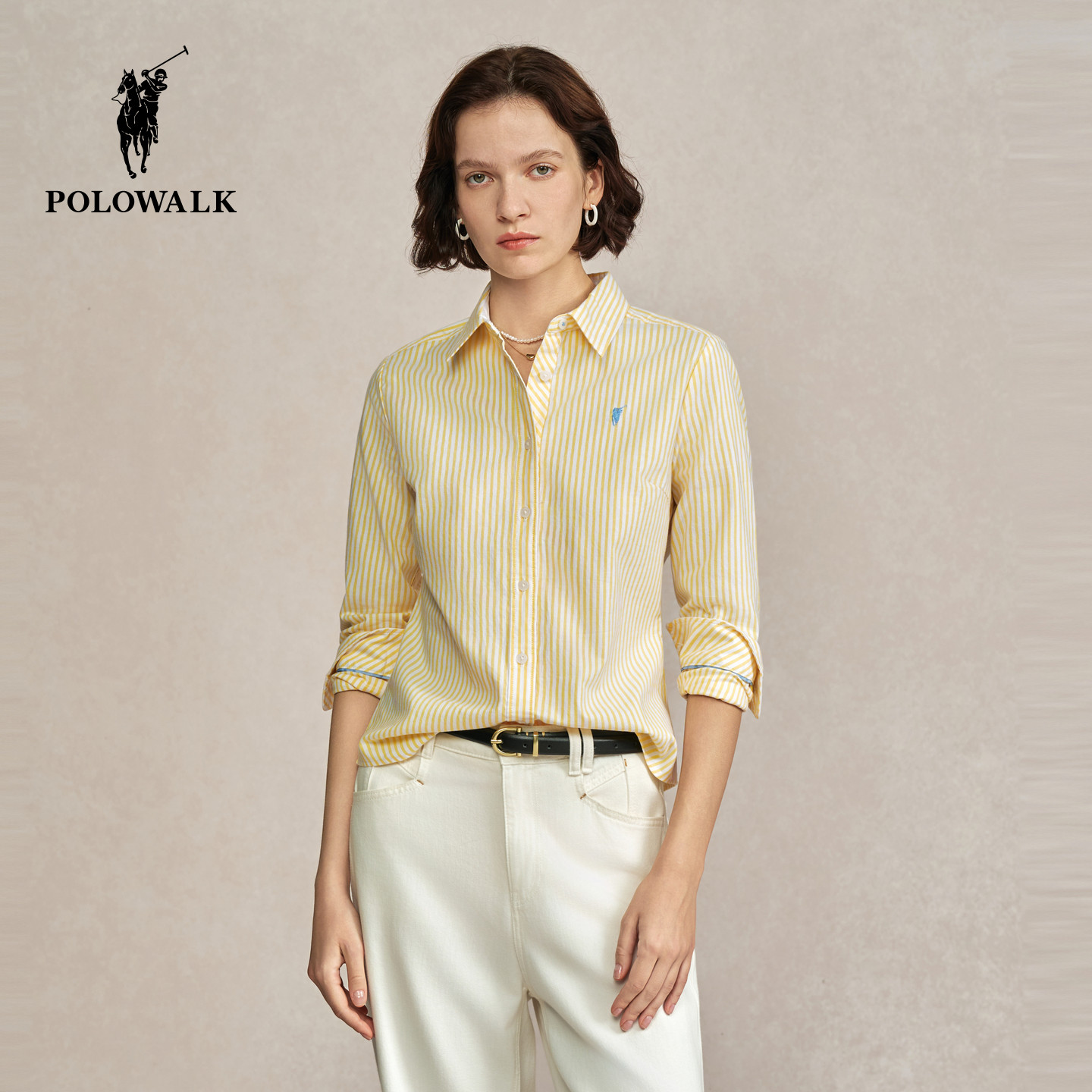 POLOWALK女装衬衫2026春季新款女士长袖条纹衬衫纯棉内搭时尚上衣