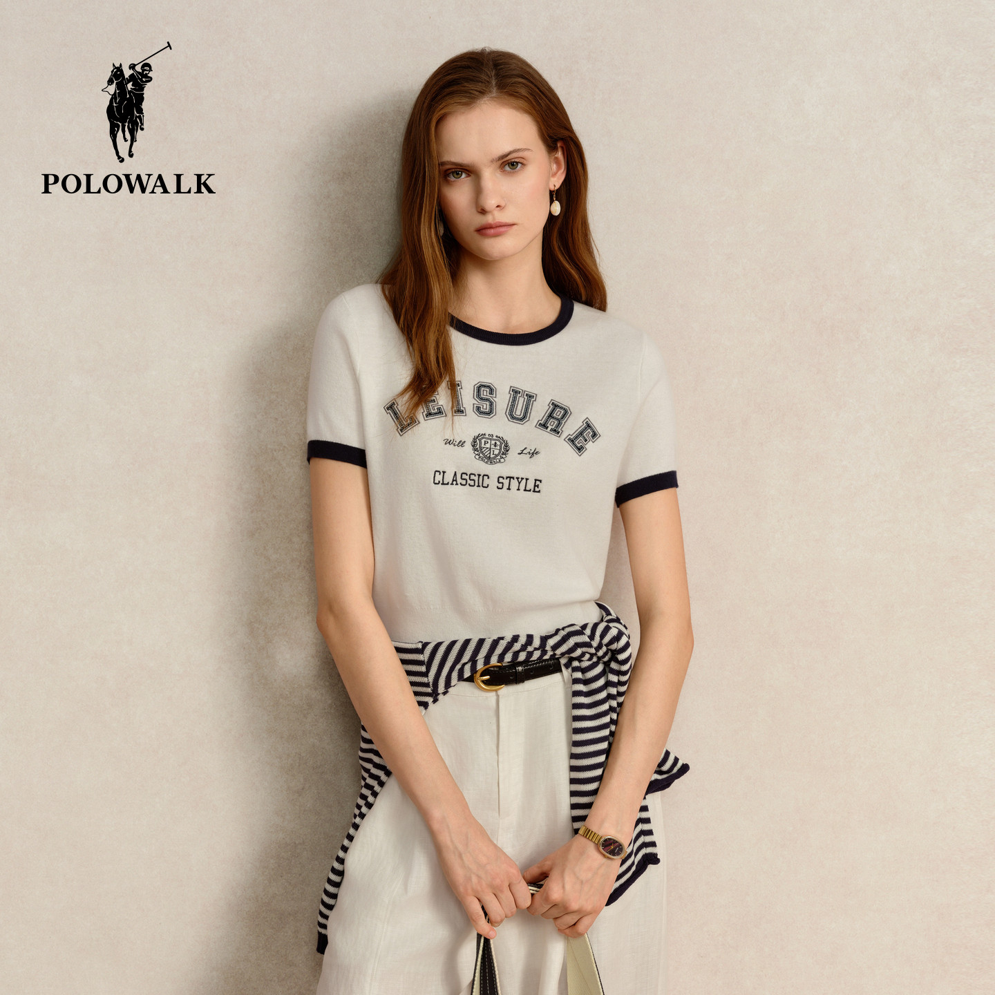 POLOWALK女士纯棉圆领针织衫