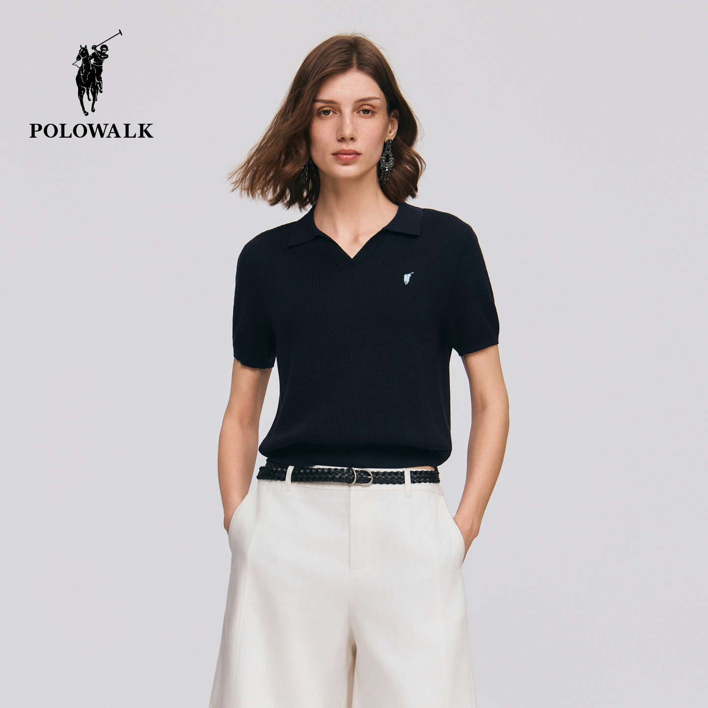 POLOWALK女士短袖针织衫2026夏季新款翻领纯色上衣时尚休