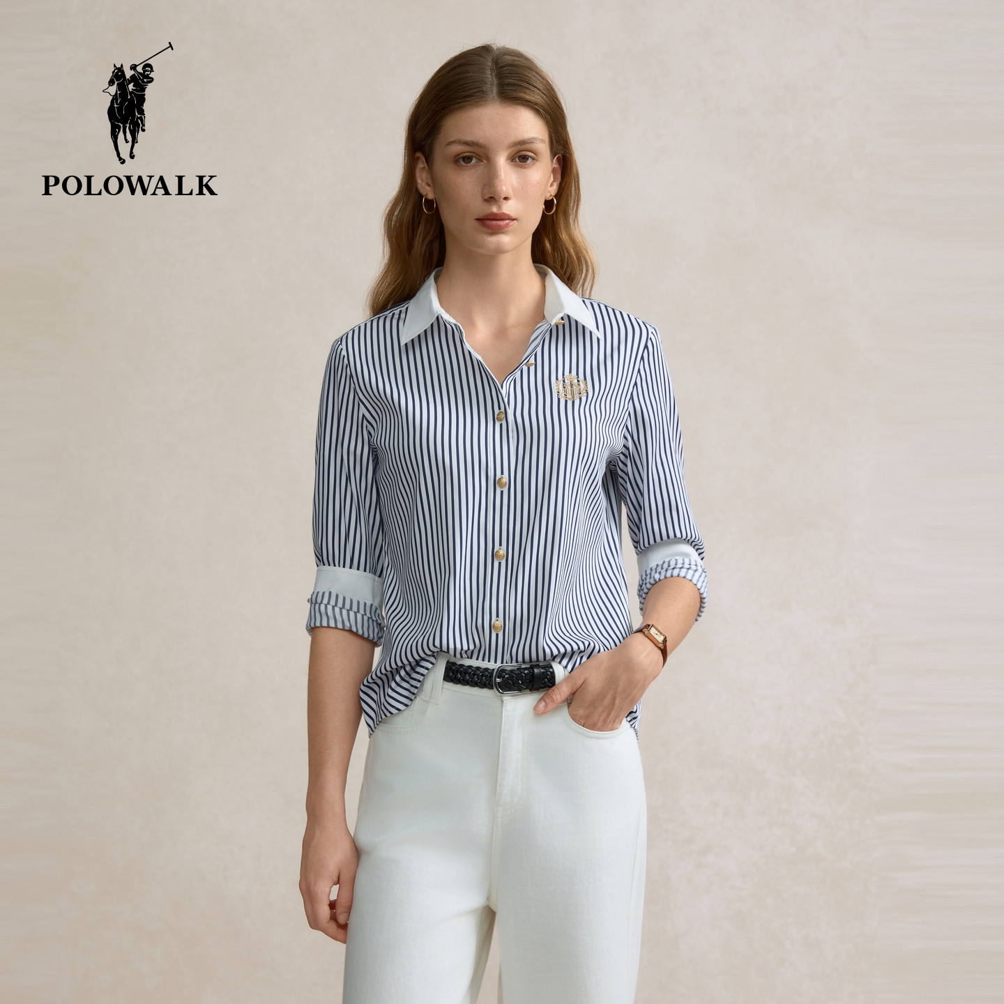 POLOWALK女士长袖衬衫2026春季新款翻领条纹开衫上衣外套女装