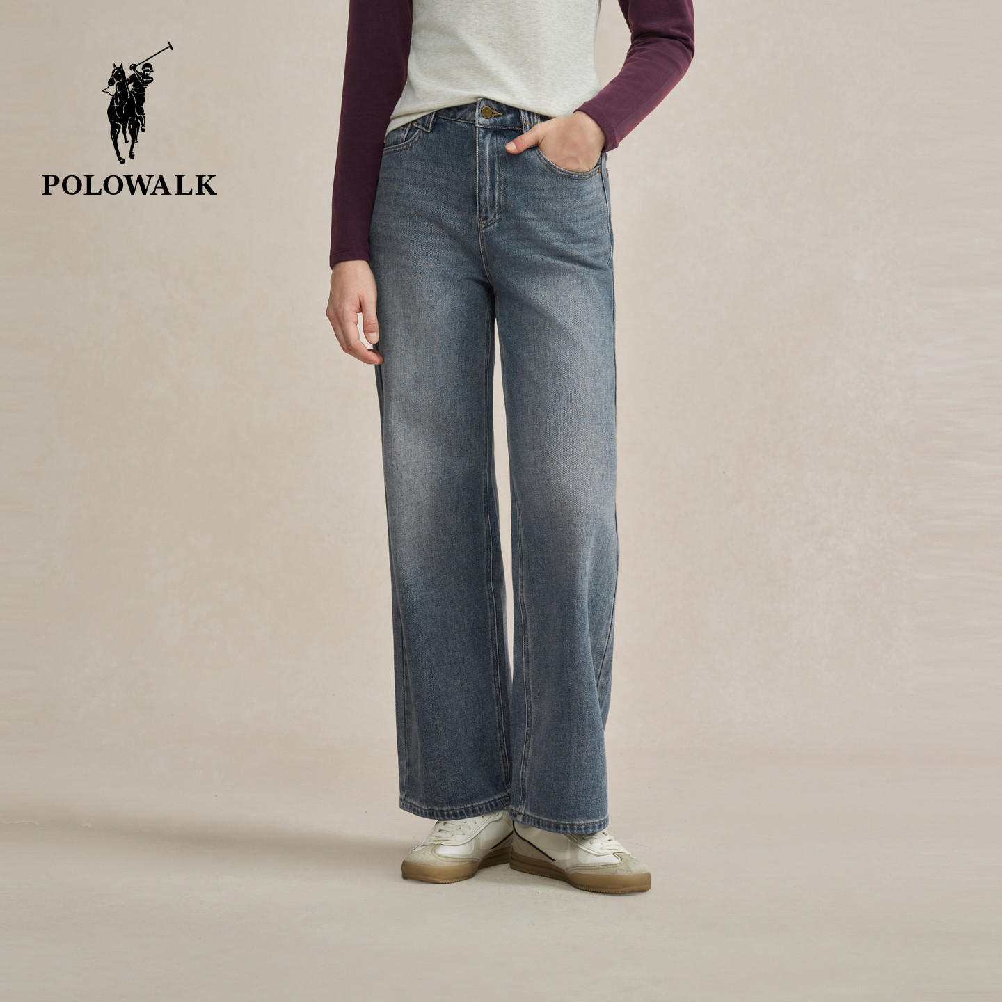 【100%棉】POLOWALK女装2026春季裤新款女士牛仔裤纯棉长裤直筒裤