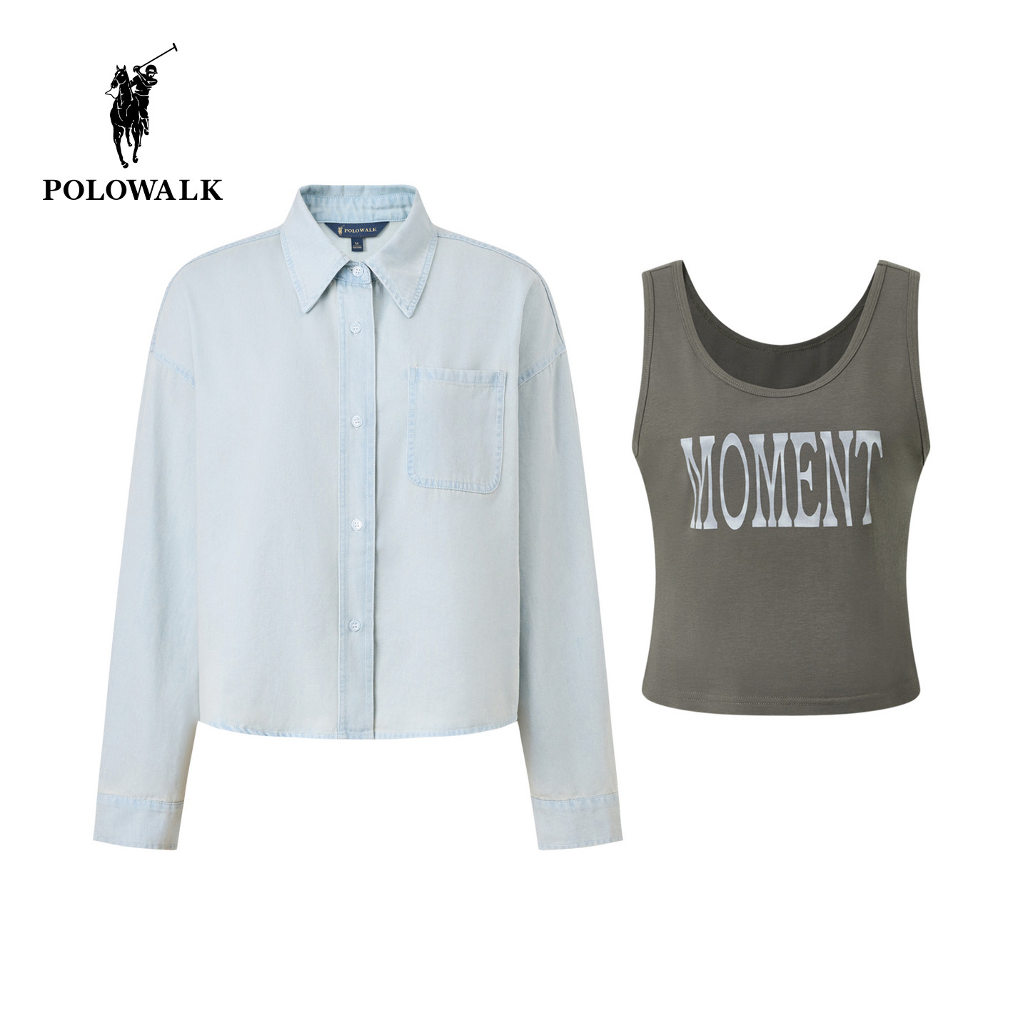 POLOWALK女装2026夏季新款短款牛仔衬衫背心两件套女士休闲上衣