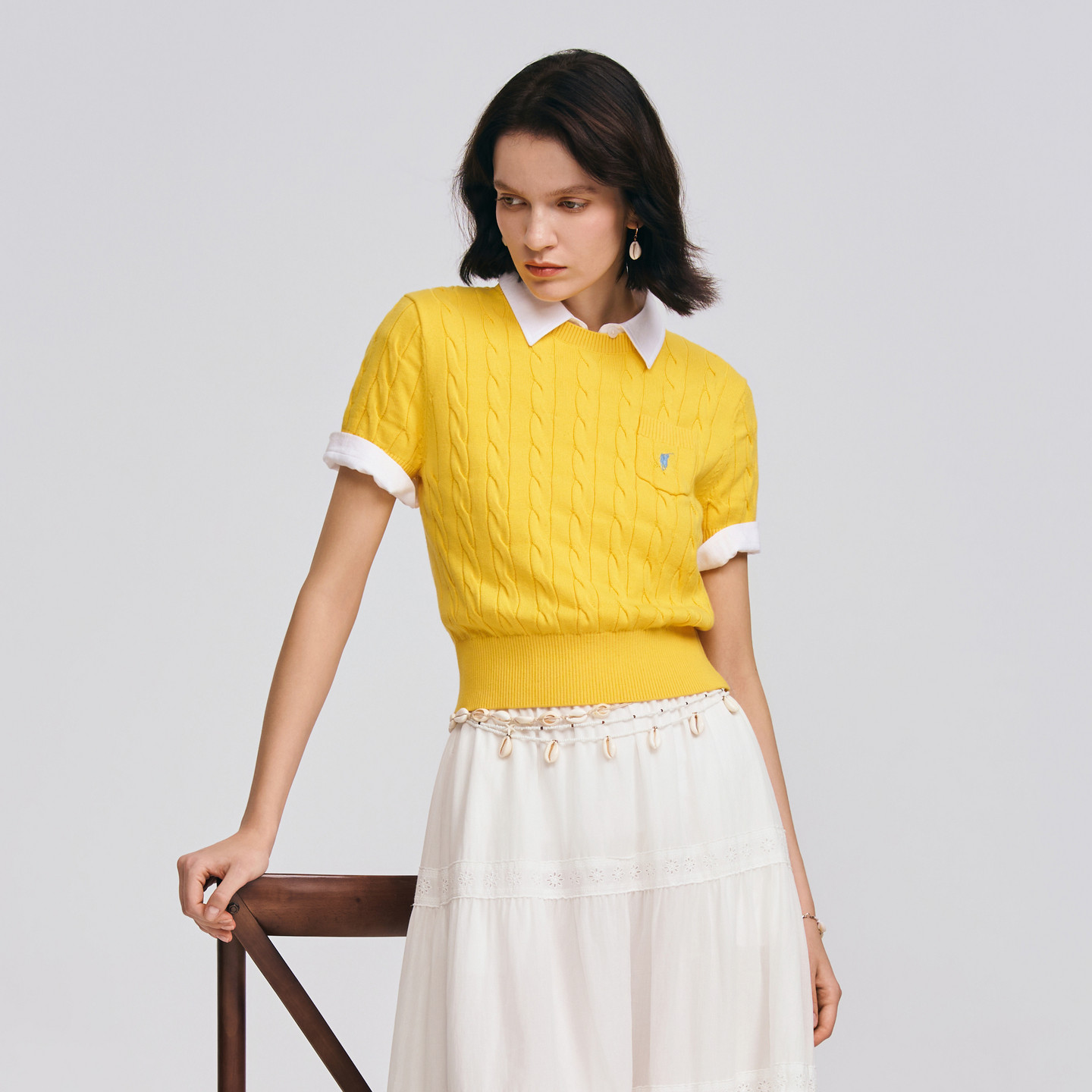 POLOWALK女士短袖针织衫2026春夏新款简约圆领绞花针织衫套头上衣