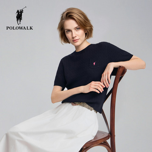 POLOWALK短袖针织衫圆领经典绞花