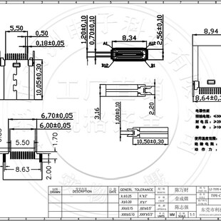 1.0 接口 10.5 L=9.3 24P 夹板式 180度直针 母座 Type USB3.1