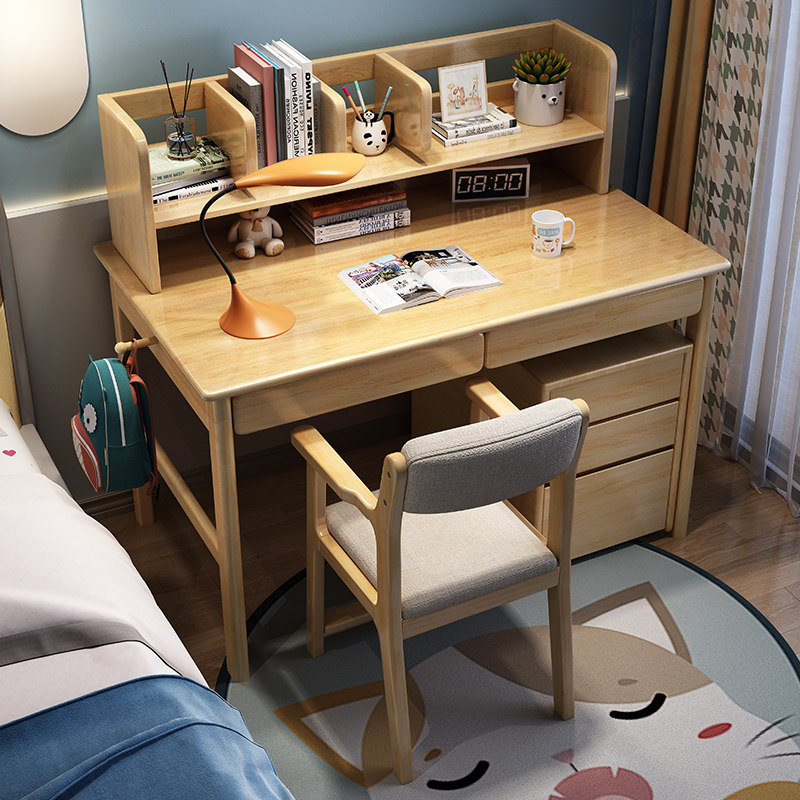 实木书桌带柜简约现代家用白色学习写字桌卧室小电脑桌北欧ins风