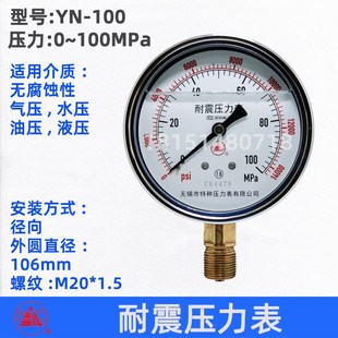 无锡特种 抗震耐震液压汽水油压力表1.6MPa 雪浪YN100