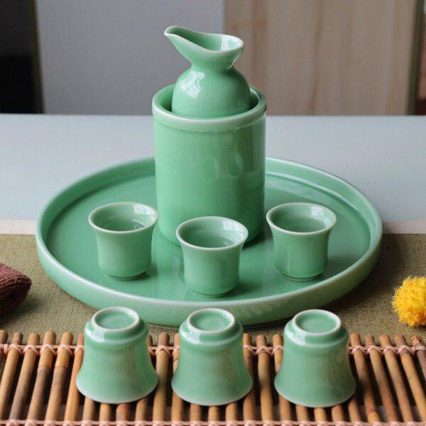 龙泉青瓷酒具套件酒壶酒杯酒具暖酒壶陶瓷清酒温酒器一壶六杯托盘