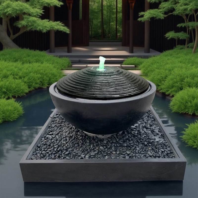 石雕流水钵喷泉枯k山水造景石钵景观户外石头涌泉喷水日式水池庭