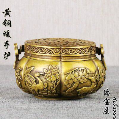 铜香炉纯铜仿古汤婆子纯铜暖手炉碳铜暖炉碳火炉鹤鹿同春取暖小号