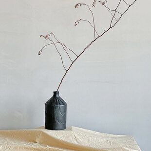 中式碳化实木插花干花花瓶 中古侘寂风木头木纹炭烧花器木质摆件