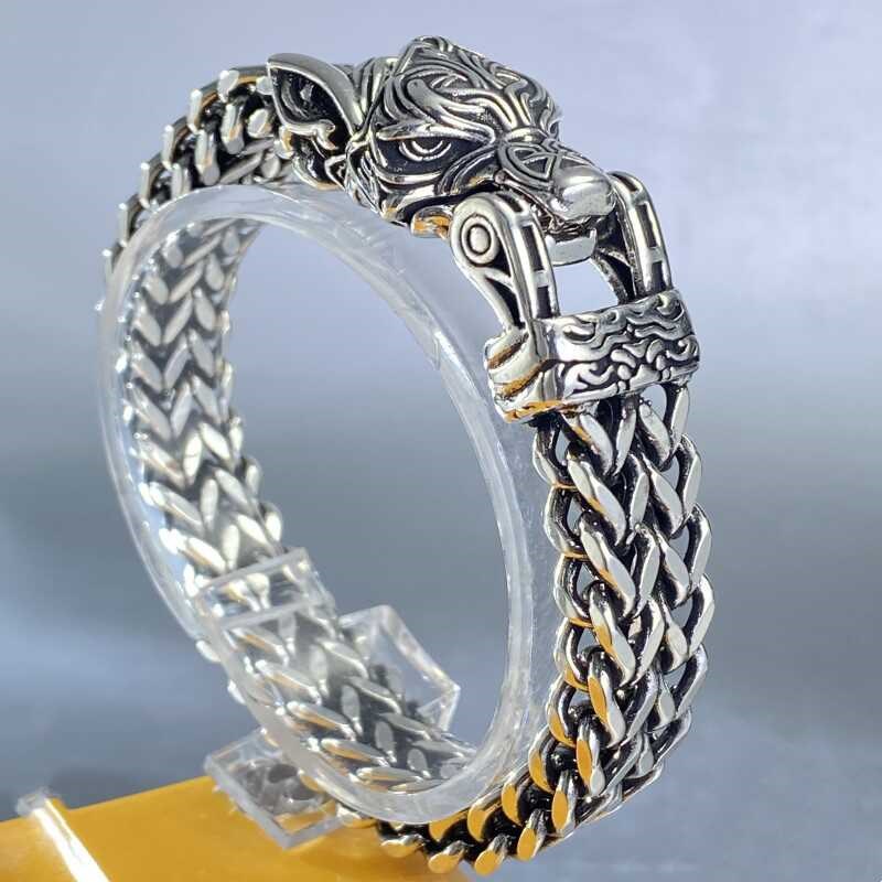 霸气男士狼头手链潮流v个性复古粗犷双排龙骨链送男朋友