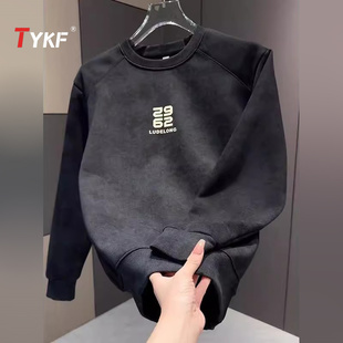 潮牌美式拼接男卫衣男士2025新款冬季加绒加厚长袖t恤打底衫男款