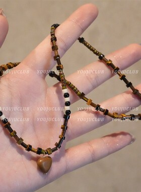 YOUJUclub-搭配指南~文艺覆古F木质爱心咖色异域名族风项炼锁骨炼