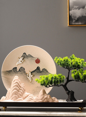 新中式沙盘摆件办公室书房装饰品迎客H松创意酒店进门玄关工艺品