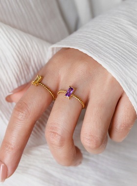 高级感精致小众镀18K金麻花彩色长春花蓝水晶方W钻戒指女不掉色