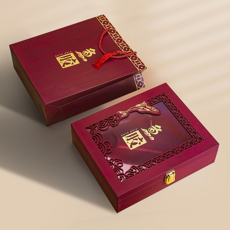 新款高档红d仿木纹鱼胶礼品盒窗花透明鱼胶桶罐装包装盒子红色包