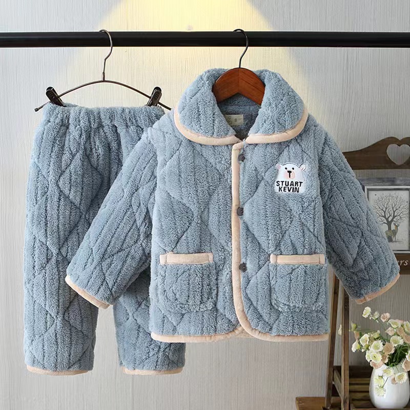 冬天宝宝睡衣男孩夹棉加厚加v绒冬季3岁法兰绒4男童儿童保暖家居