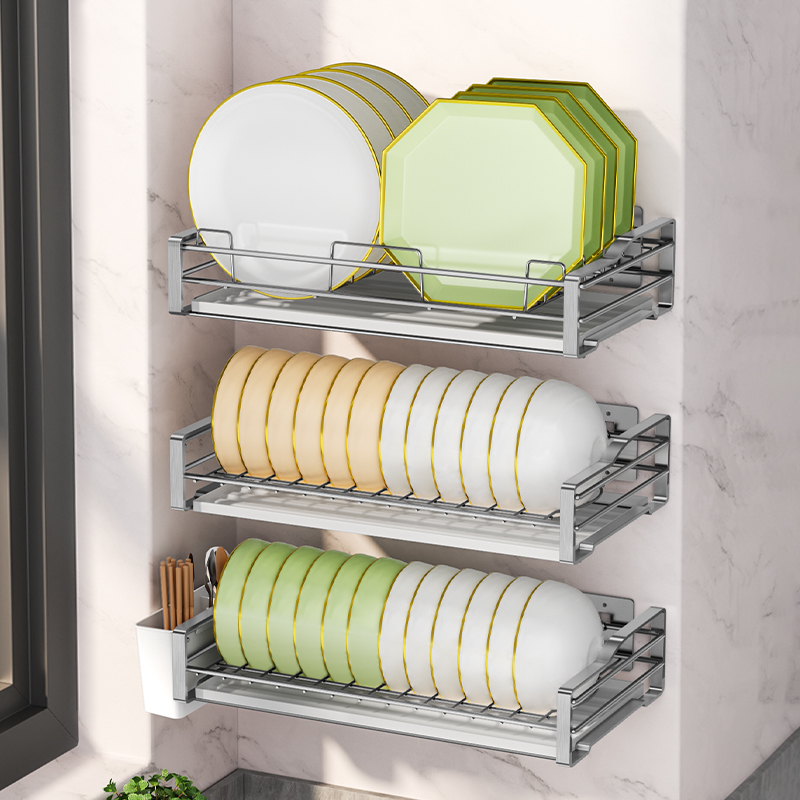 不锈钢碗碟收纳架免打孔碗架壁挂式碗盘沥水架Q上墙厨房置物架放