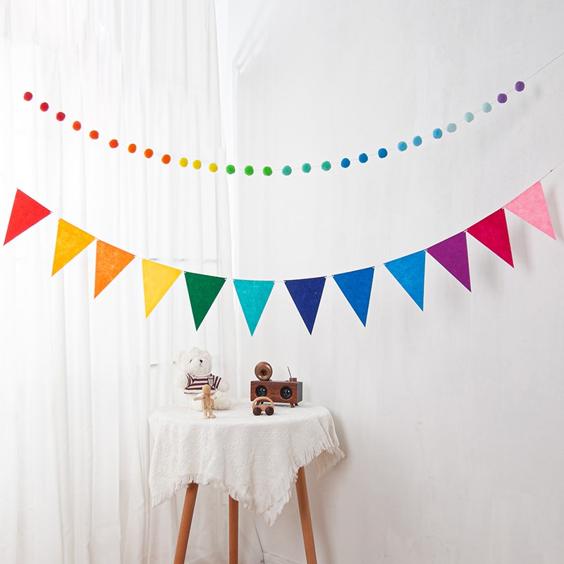彩色无纺布三角小彩旗周岁生日节日派对J挂旗幼儿园活动拉旗装饰