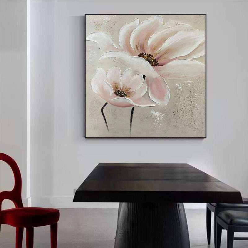 手绘油画牡丹花客厅餐厅装饰画轻奢正方形花开富贵肌理画玄关入户图片