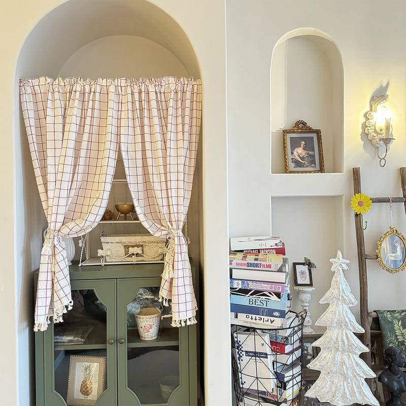 环保水洗棉全棉红线格子厨房窗帘半帘门帘免打孔穿杆挂钩魔术贴