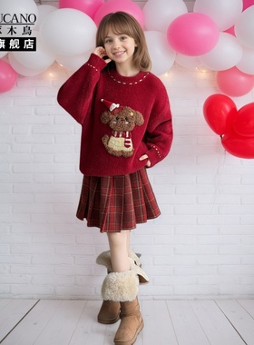 啄木鸟童装毛衣2025新款女童秋冬装红色女孩本命年加绒加厚上衣PF