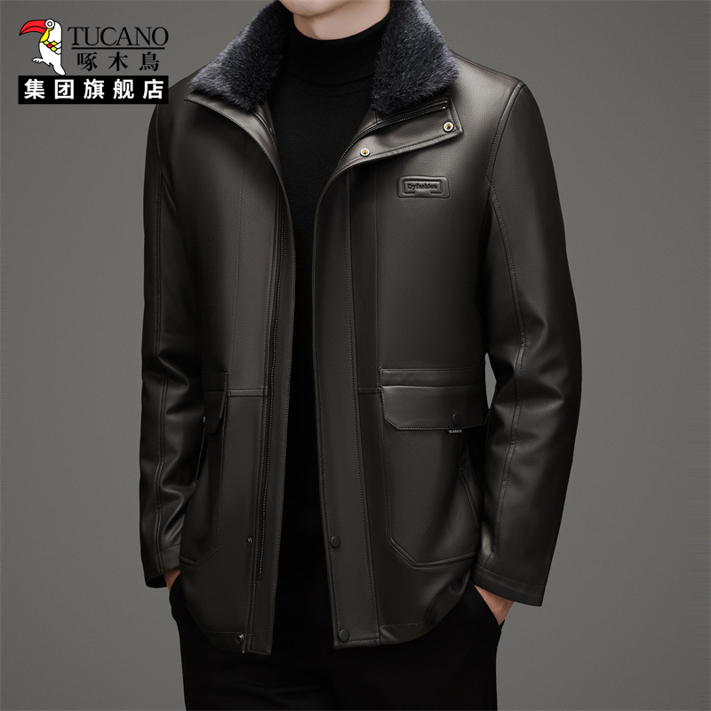 啄木鸟中老年皮衣男爸爸冬装外套加绒加厚中长款保暖爷爷皮棉衣