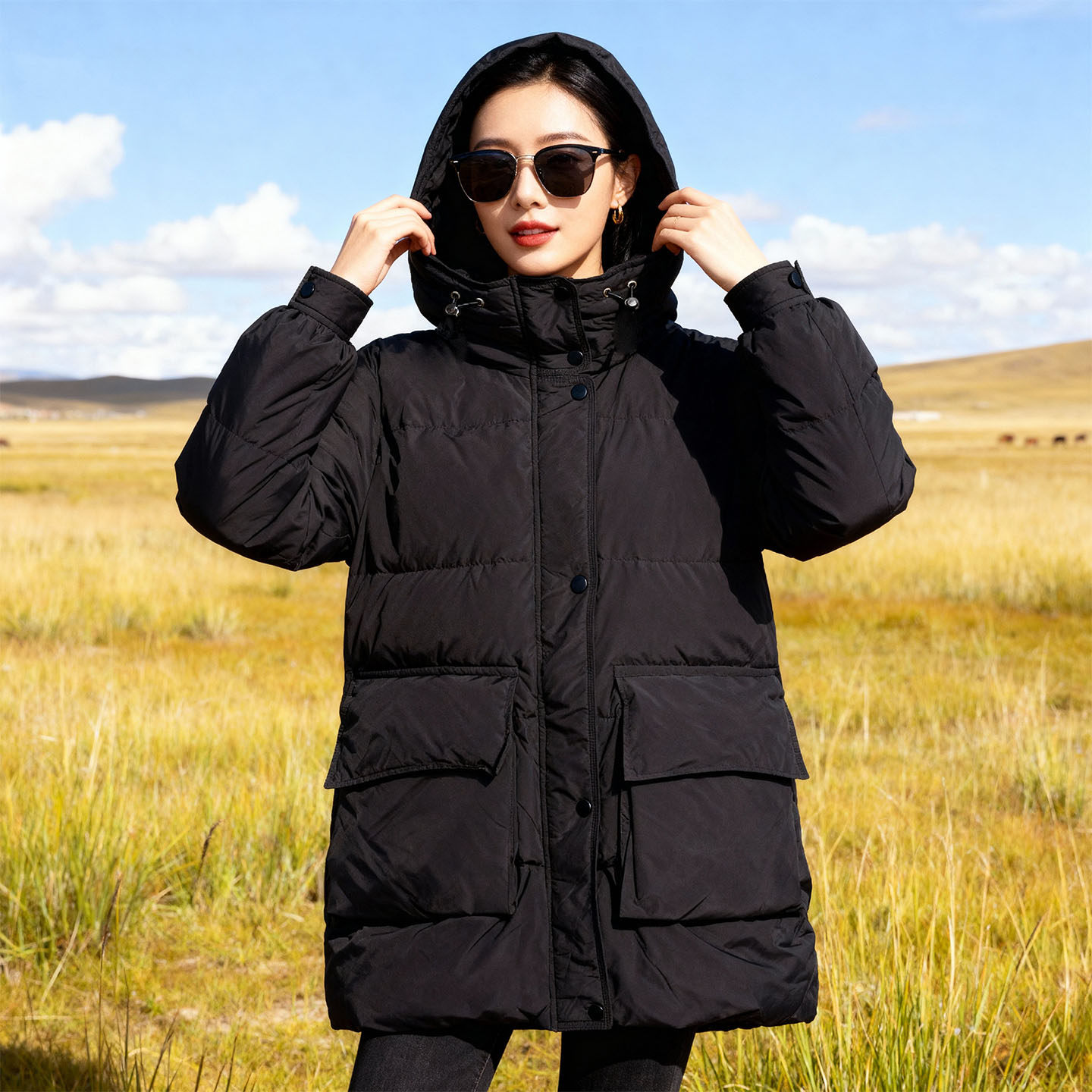 黑色中长款羽绒服女冬宽松加厚连帽面包服外套LQ
