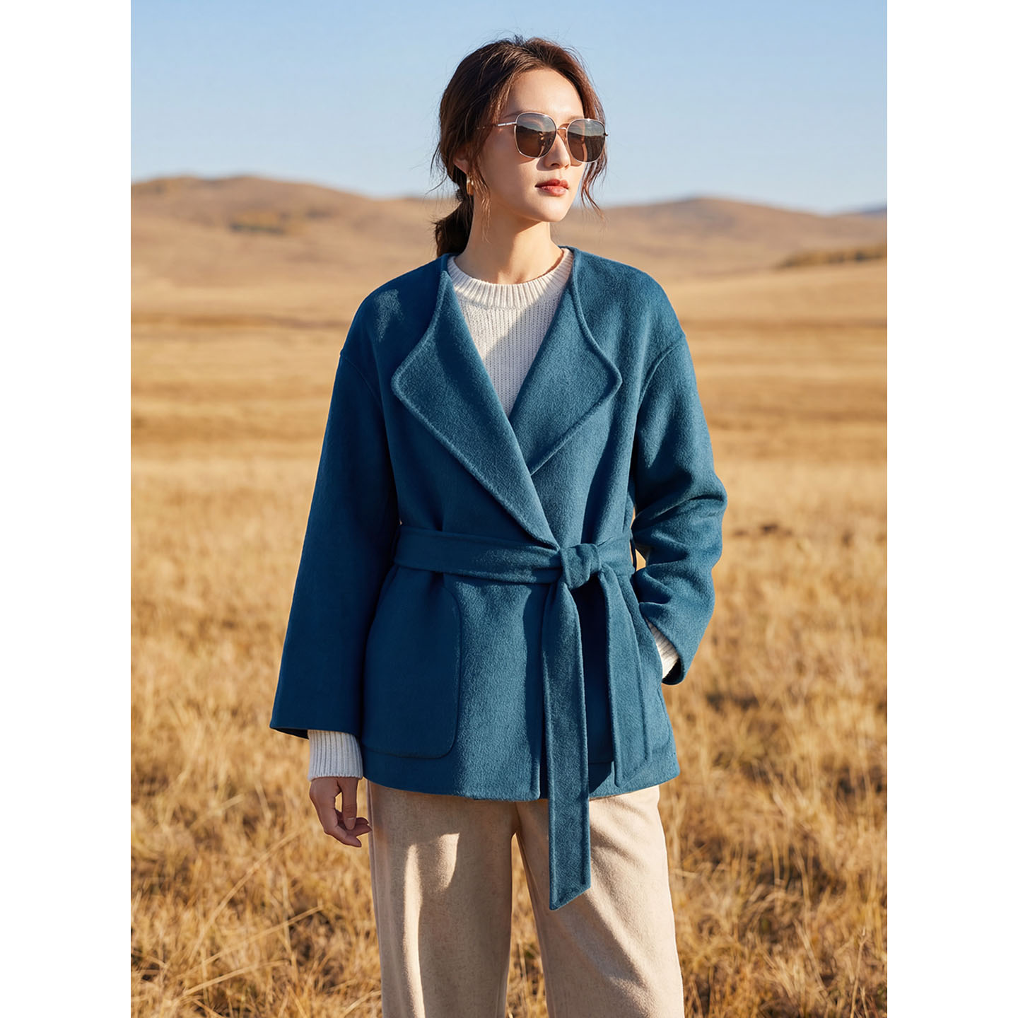 蓝色双面呢女式羊毛大衣女中长款系带收腰气质显瘦外套高级感LQ
