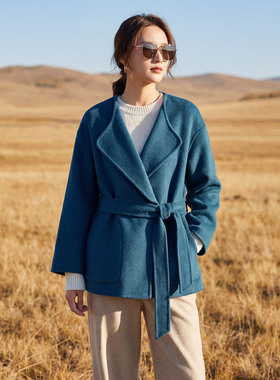 蓝色双面呢女式羊毛大衣女中长款系带收腰气质显瘦外套高级感LQ