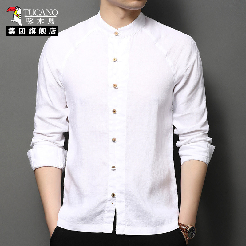 TUCANO/啄木鸟新中式立领亚麻衬衫男长袖休闲白色衬衣商务男装