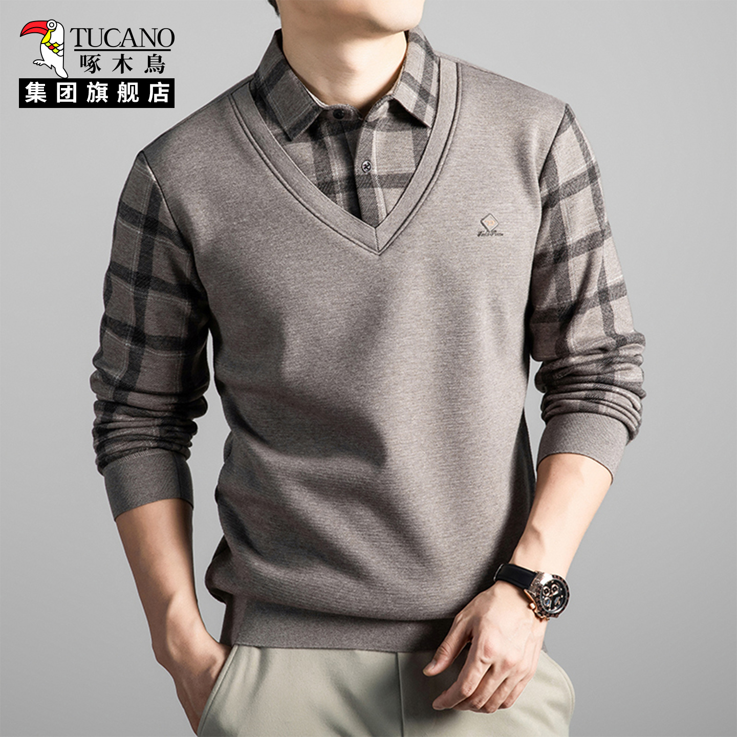 啄木鸟假两件衬衫领针织POLO衫