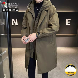 啄木鸟冬季男士中长款连帽羽绒服假两件宽松工装风衣帅棉衣外套XN