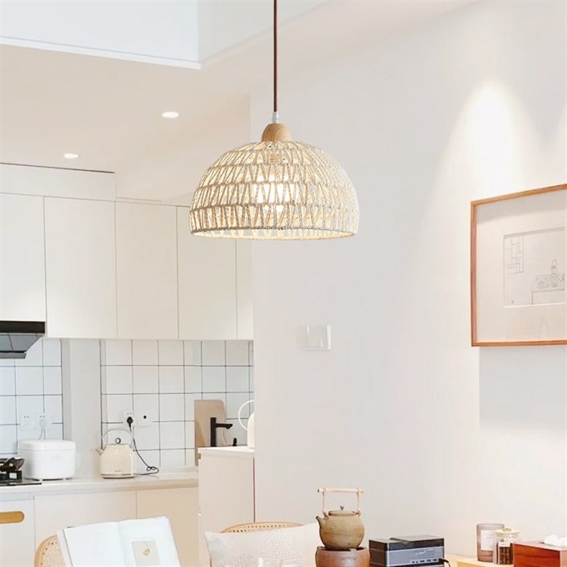 复古民宿卧室阳台藤艺麻绳灯具日式原木奶油风餐厅U简约吧台小吊