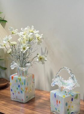 小山园糖果系列 | 白色珠光花篮琉璃花瓶 复古风手工花瓶客厅摆件