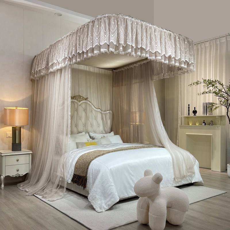 新款导轨蚊帐家用卧室防尘顶U型轨道公主纹账P加密床幔可升降支架