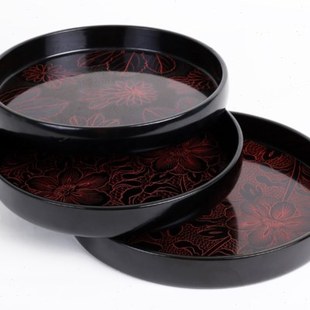 福州漆器托盘复古圆形茶盘针雕工艺品木质漆盘