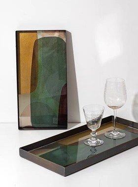 进口现代简约北欧金属创意拼色z玻璃长方形收纳托盘茶盘摆件装饰