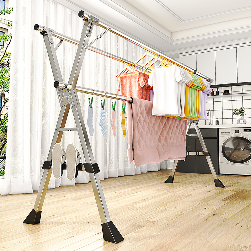 折叠晾衣架落地室内家用阳台卧室不锈钢室外凉伸缩U杆式晒被子神