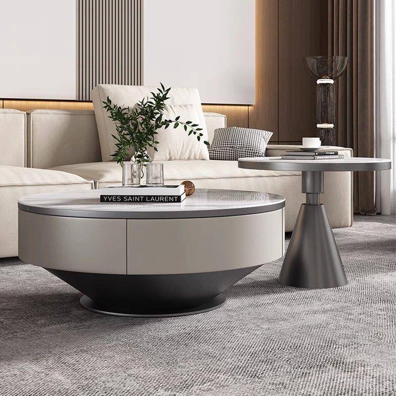 轻奢岩板圆茶几大小圆组合小户型客厅意式极简岩板茶几电视柜组合