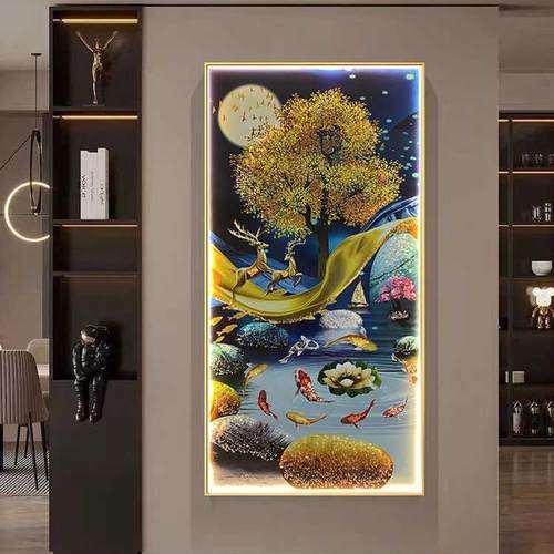 玄关过道装饰画烤瓷镶钻带led灯光挂画九鱼图走廊入户墙2024新款