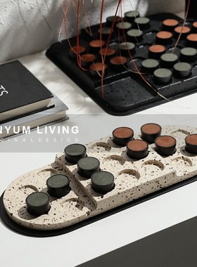 侘寂风现代样板间民n宿酒店桌面摆饰书房洞石棋盘艺术装饰托盘摆