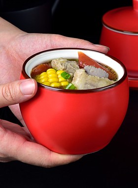 中式哑光红色陶瓷一人份隔水炖盅C佛跳墙燕窝甜品碗家用蒸蛋带盖