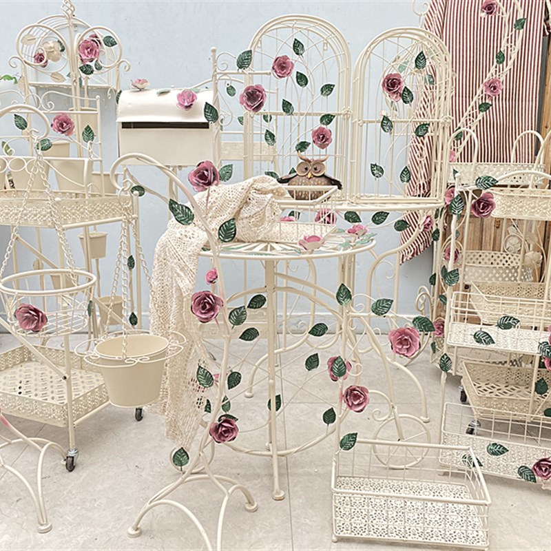 法式园艺乡村玫瑰系列花架桌面落地壁挂白N色置物架庭院客厅装饰